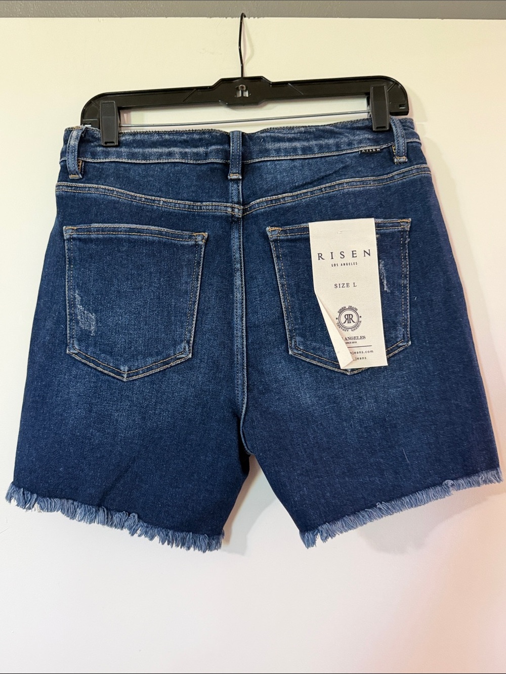 Risen Dark Blue Distressed Denim Jean Shorts - Mid Rise - Picture 5 of 8